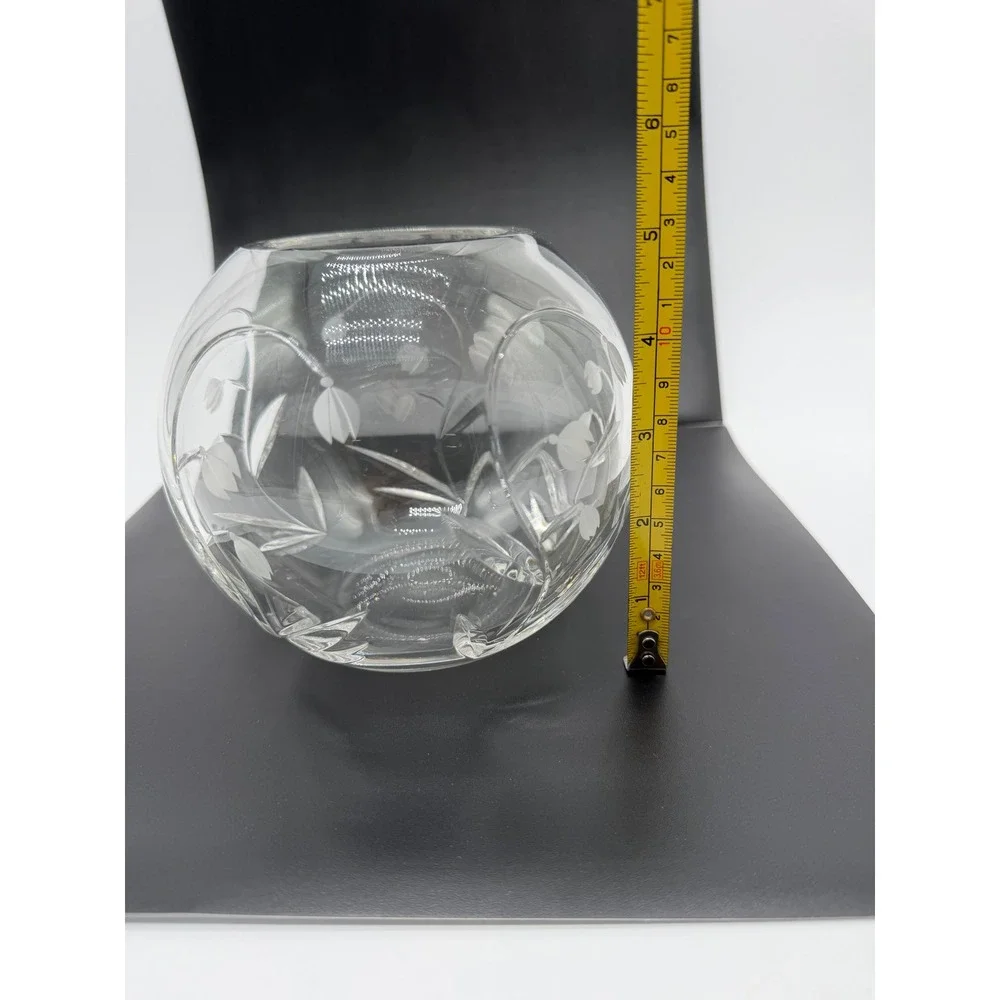 Tiffany & Co Crystal‎ Rose Bowl Vase Snowdrop Etched Floral Glass Round 5 Inch